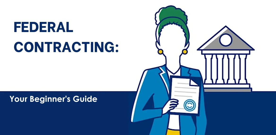 The White House, symbolizing the U.S. federal government, with a businesswoman officer representing businesses that can participate in federal contracting.