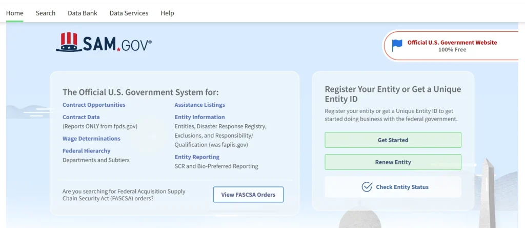 Screenshot of the SAM.gov homepage, the essential website for federal contracting